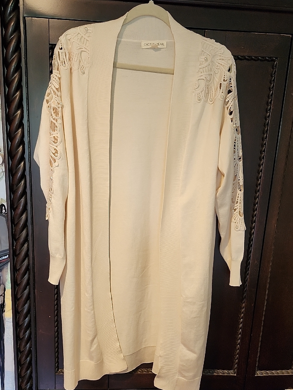 Cactus + Pearl Cream Open-Front Cardigan with Lace-Trim Sleeves